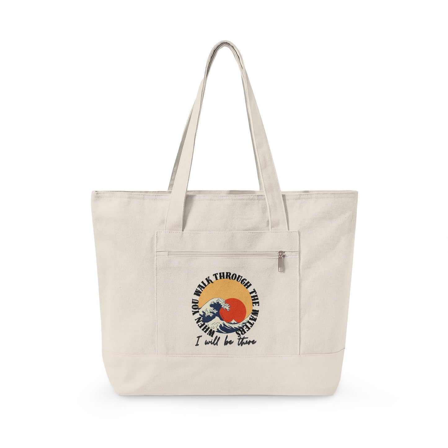 Canvas Tote Bag — Vintage Wave Sunset ‘I Walk the Waves’ Zippered Tote