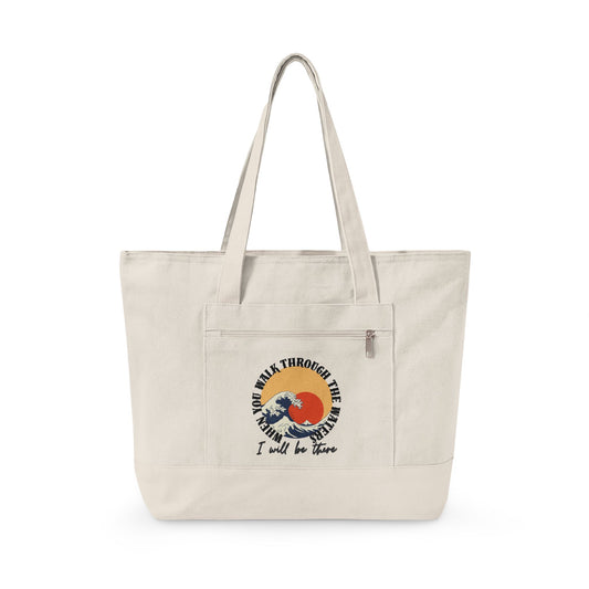 Canvas Tote Bag — Vintage Wave Sunset ‘I Walk the Waves’ Zippered Tote