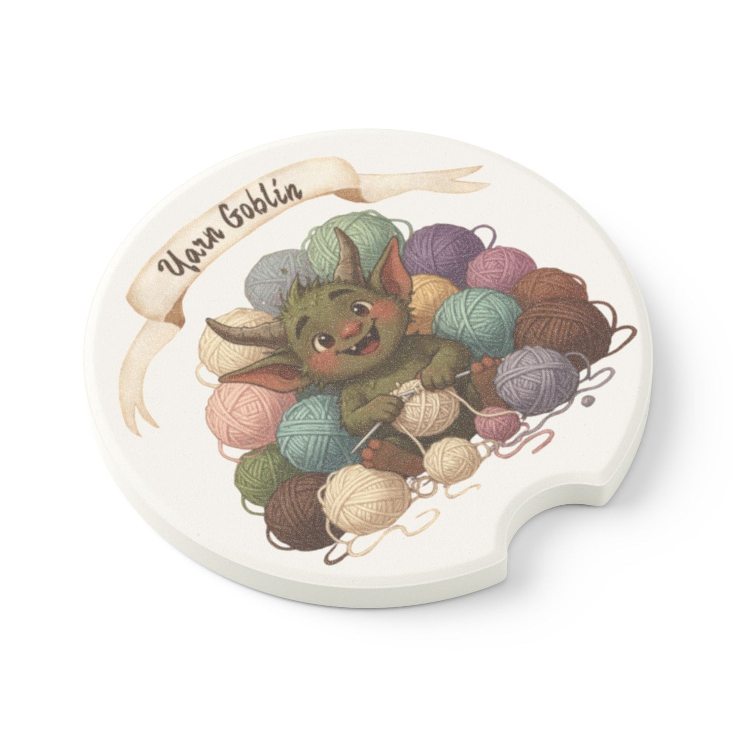 Yarn Goblin Soapstone Car Coaster — Cute Knitting-Themed Cup Holder Mat