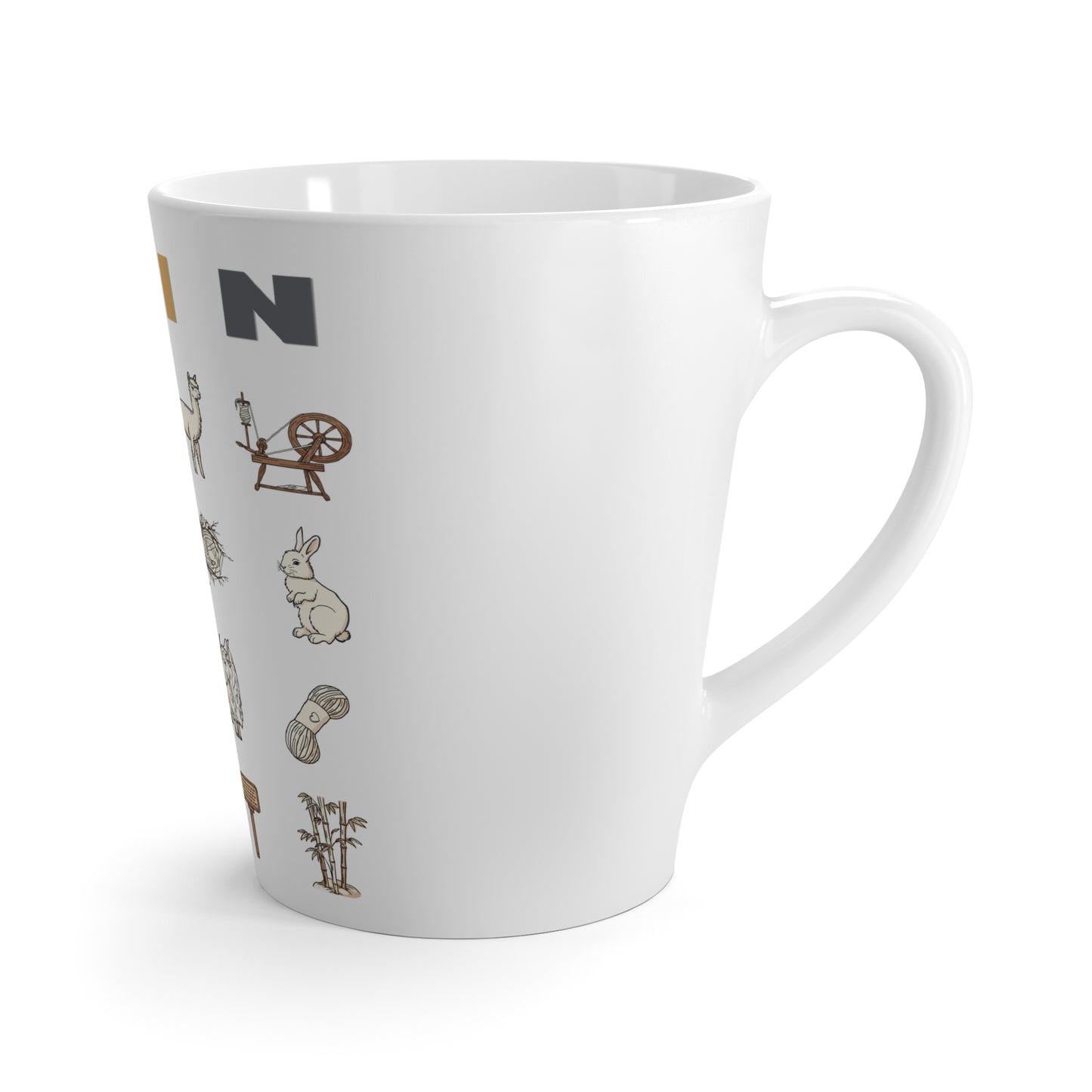 Spinning Fiber Latte Mug — Cozy Shepherding & Wool Icons Coffee Cup