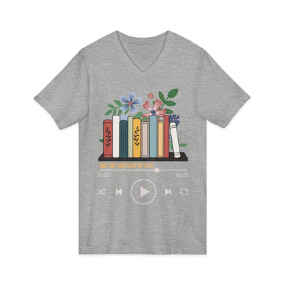 Audio Book Lover V‑Neck Tee  Only One More Chapter to Go Floral Bookshelf T‑Shirt