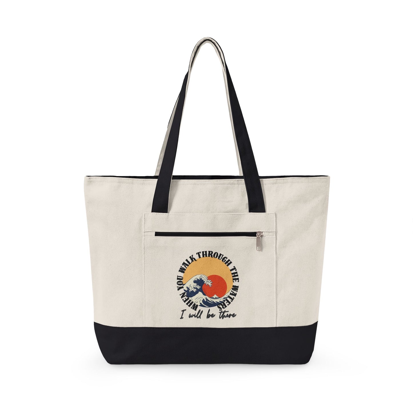 Canvas Tote Bag — Vintage Wave Sunset ‘I Walk the Waves’ Zippered Tote